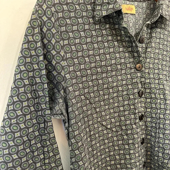 Tulip Clothing Tunic Button Down Small Blue Geometric Lagenlook Cotton Shirt - Picture 4 of 7